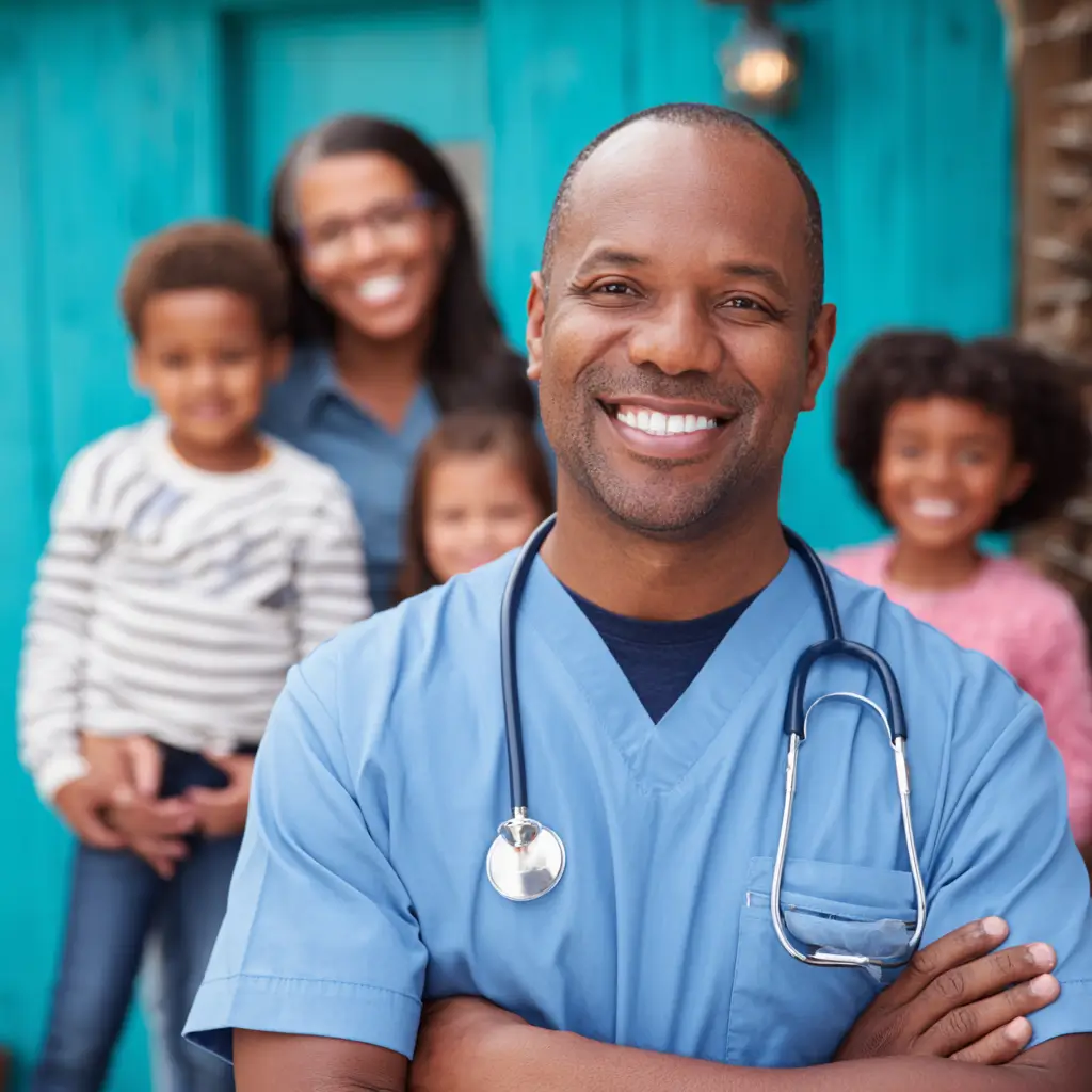 physician standing and smiling with woman and childrens